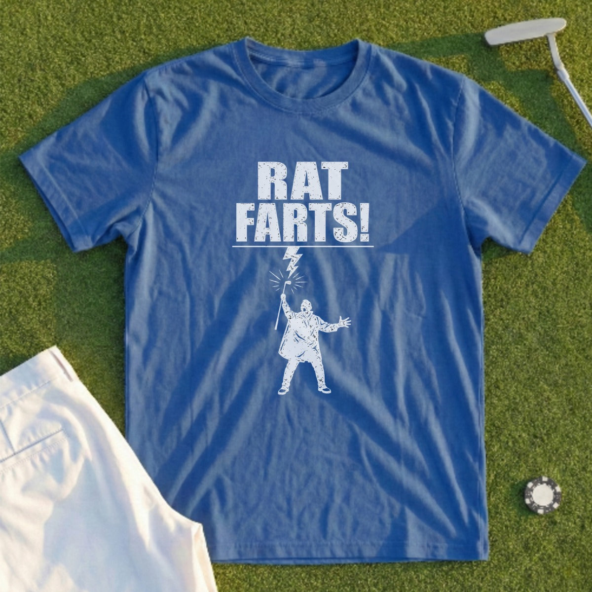 Blue t-shirt with "RAT FARTS!" text and a stick figure with lightning.