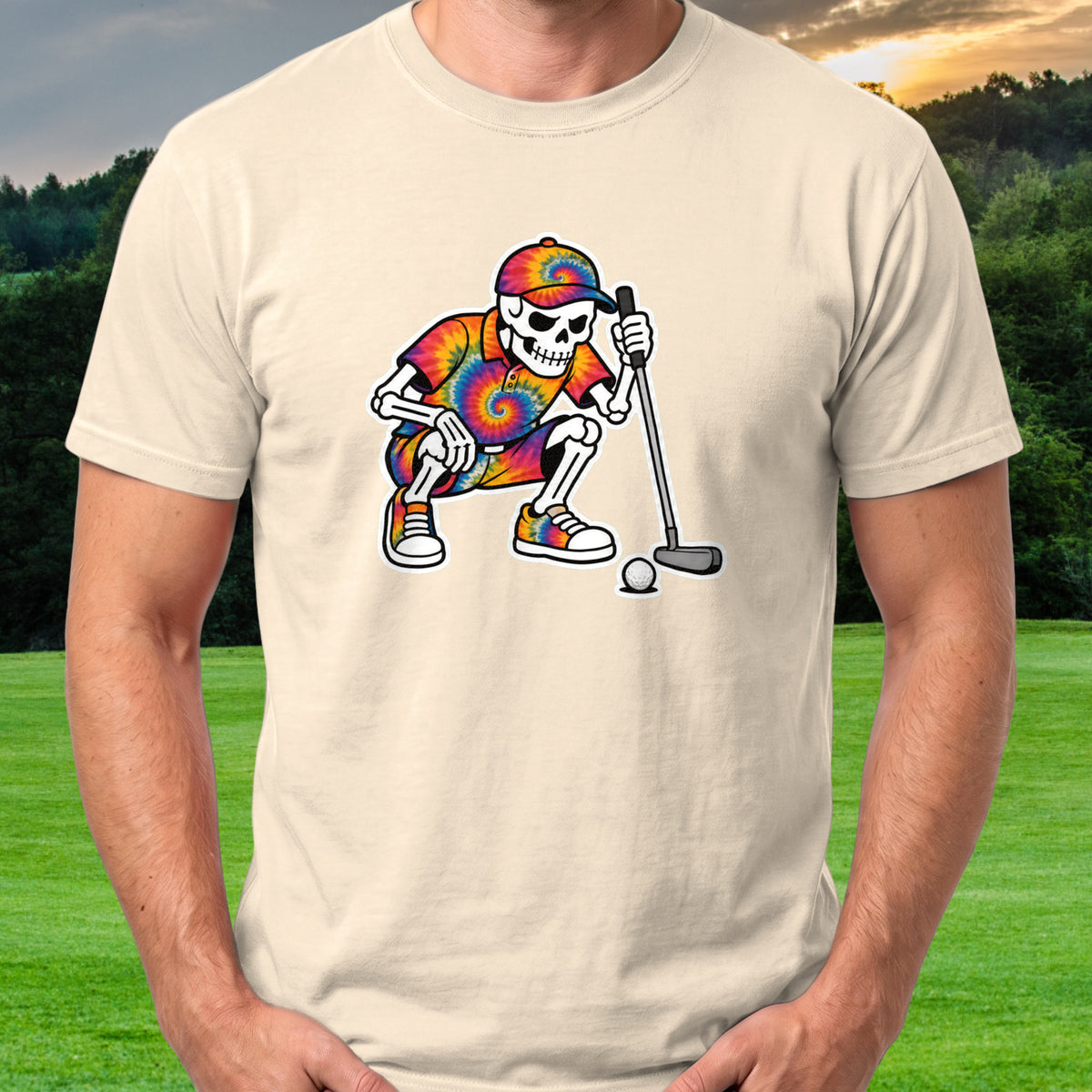Reading The Green Skeleton Tee worn on the golf course, Natural