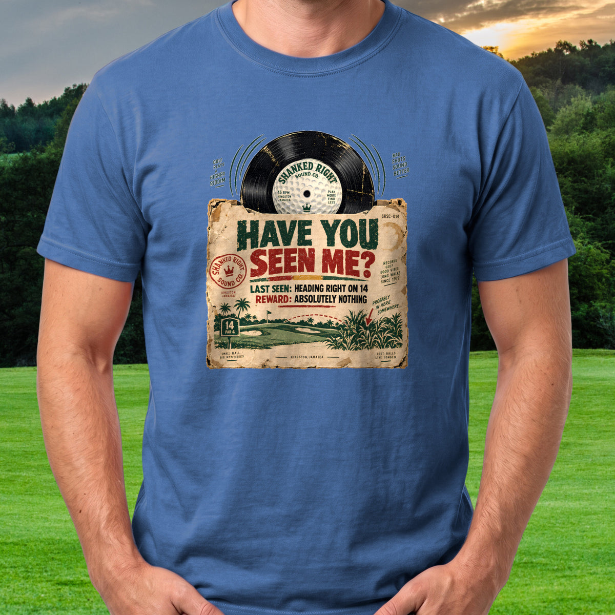 Reggae Record Sleeve Tee worn on the golf course, Royal