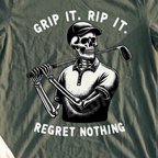 Regret Nothing Tee, print close-up on Military Green
