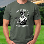 Regret Nothing Tee worn on the golf course, Military Green