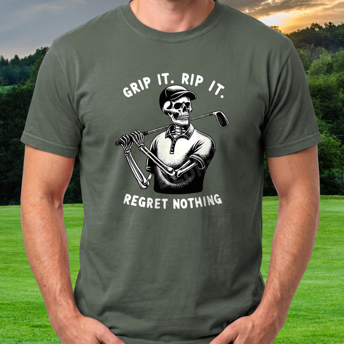 Regret Nothing Tee worn on the golf course, Military Green