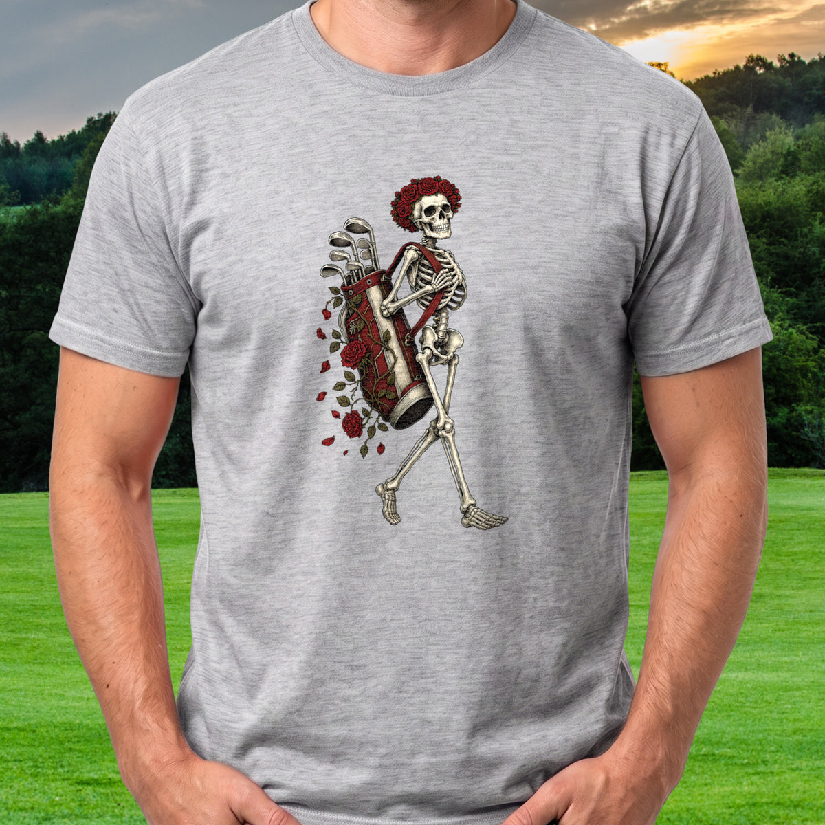 Rose Skeleton Caddy Tee worn on the golf course, Sport Grey