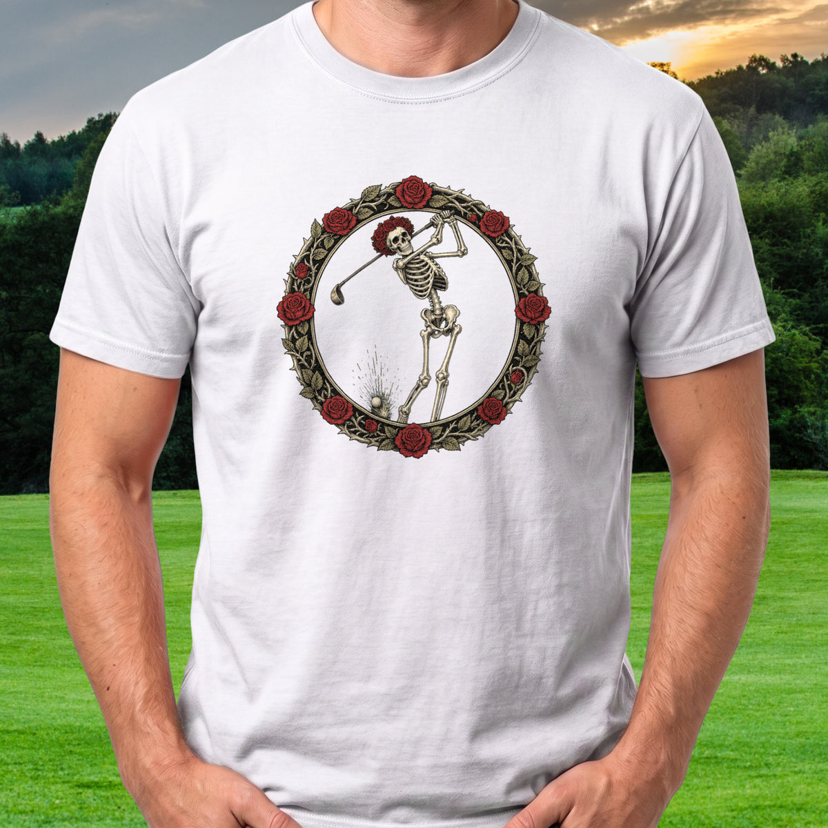 Rose Skeleton Crest Tee worn on the golf course, White