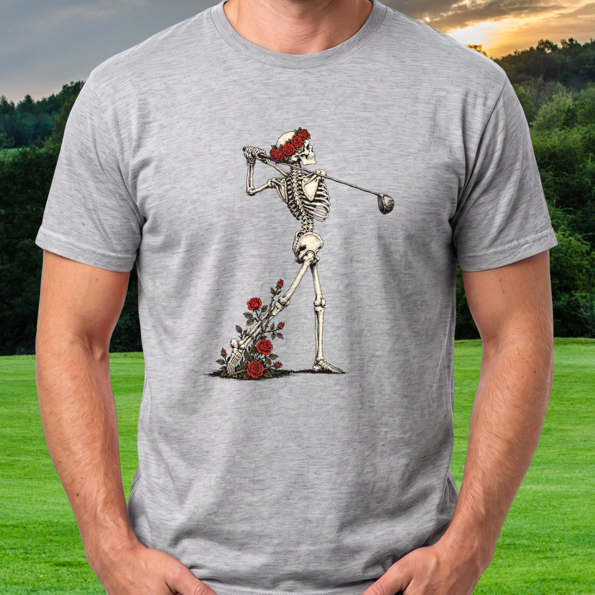 Rose Skeleton Follow Through Tee worn on the golf course, Sport Grey