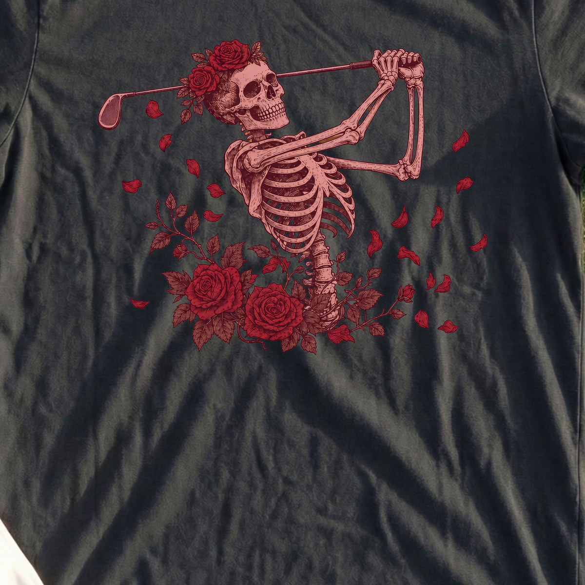 Rose Skeleton Long Drive Tee, print close-up on Black