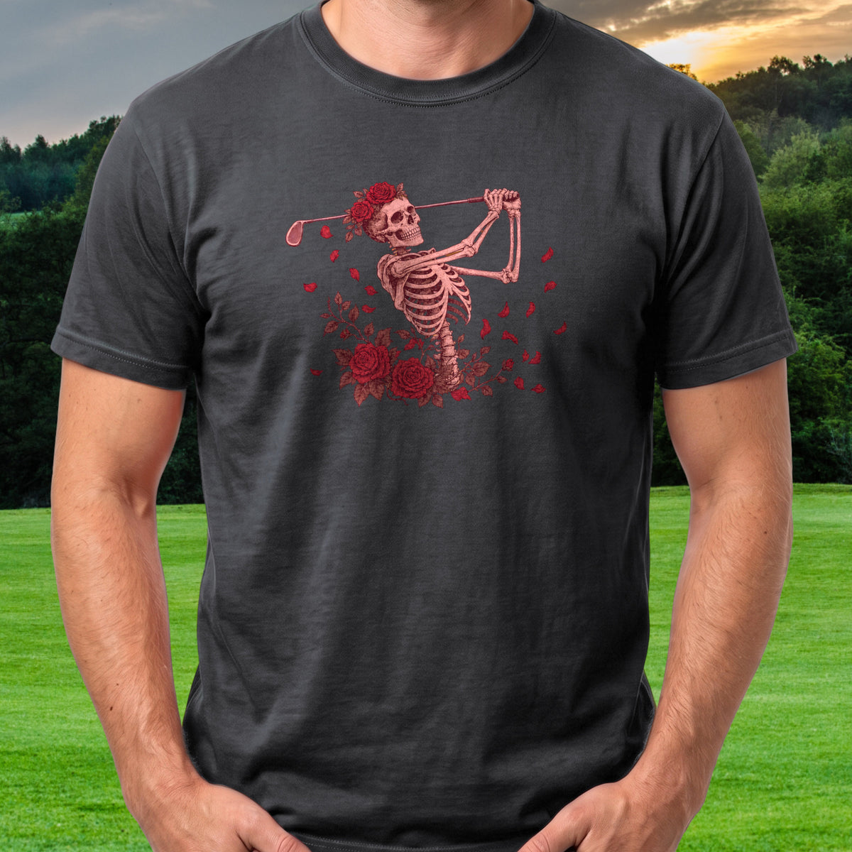Rose Skeleton Long Drive Tee worn on the golf course, Black