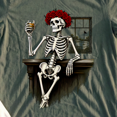 Rose Skeleton Nineteenth Hole Toast Tee, print close-up on Military Green