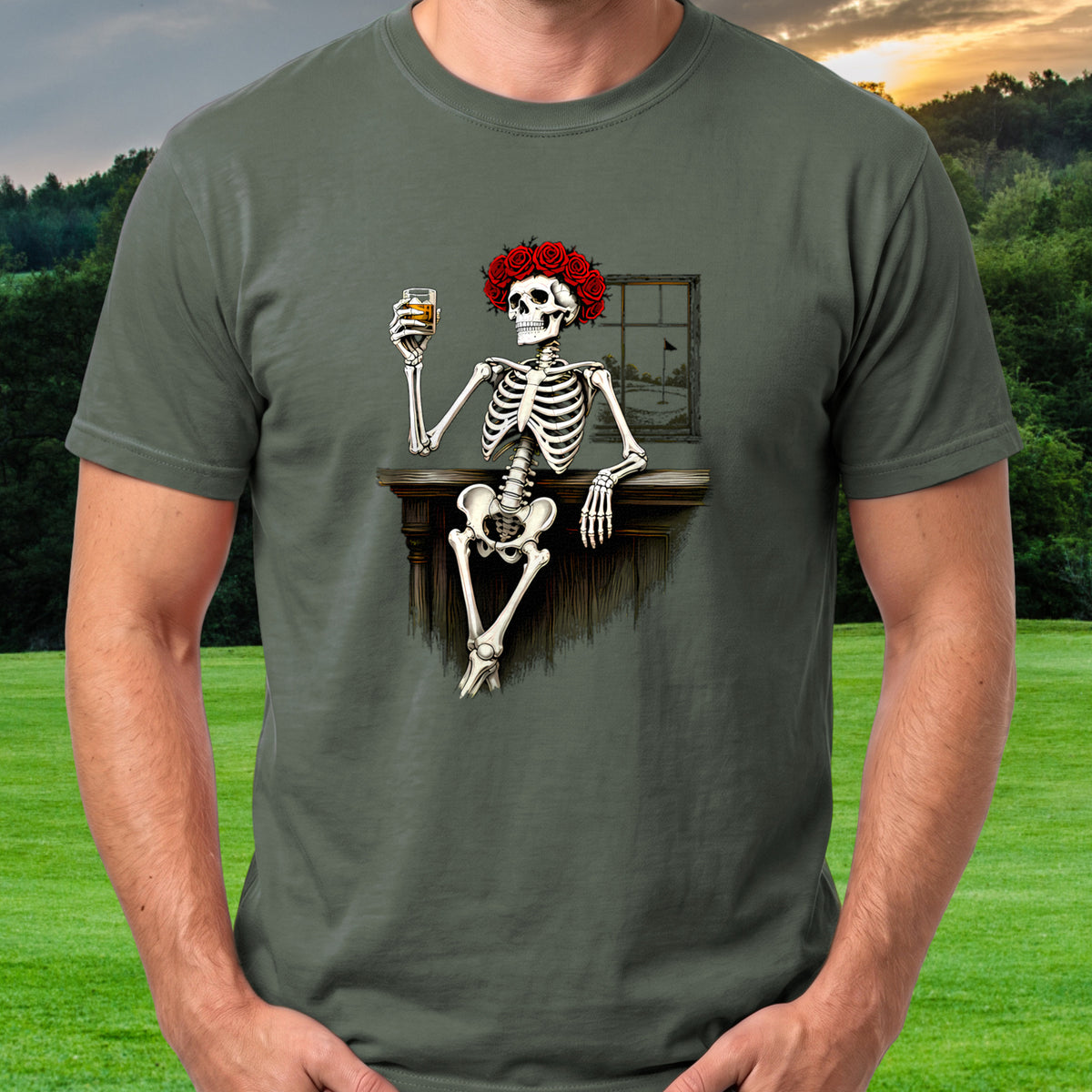 Rose Skeleton Nineteenth Hole Toast Tee worn on the golf course, Military Green