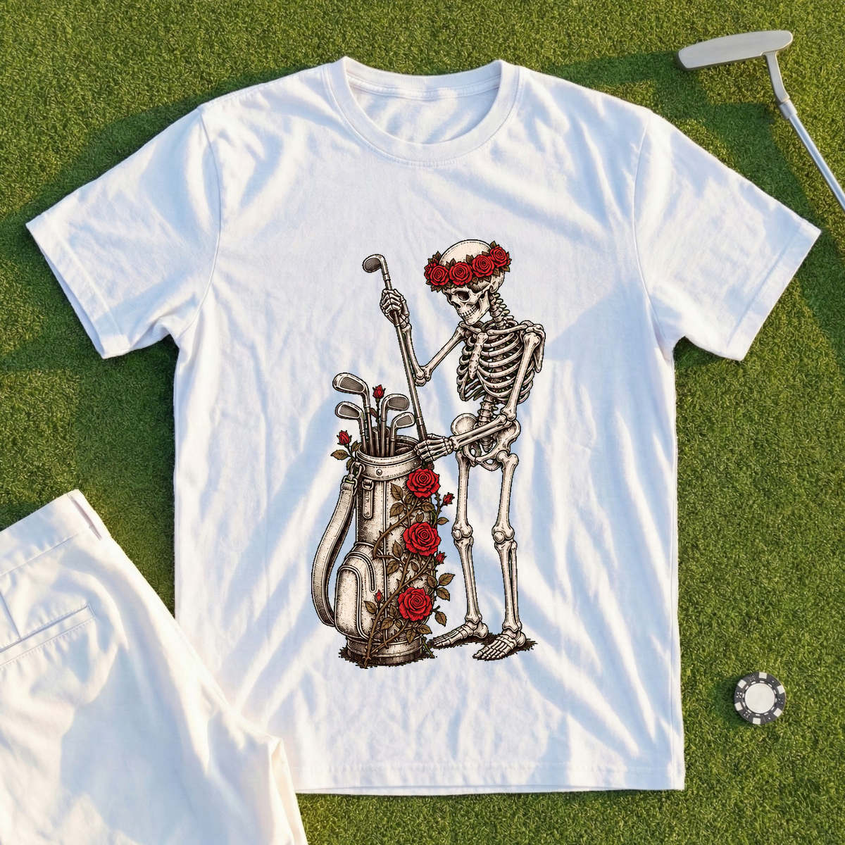 Rose Skeleton Pulls A Club Tee