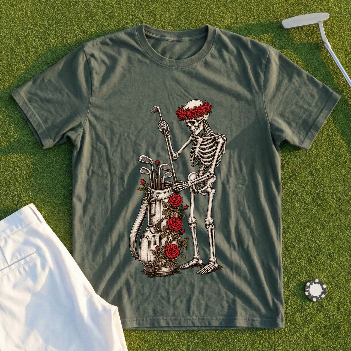Rose Skeleton Pulls A Club Tee