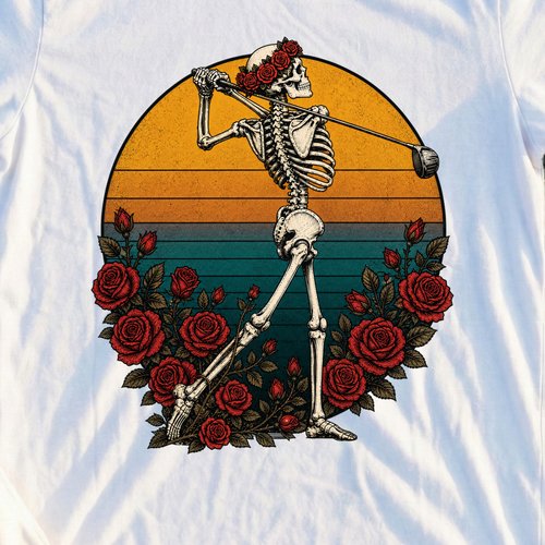 Rose Skeleton Sunset Finish Tee, print close-up on White