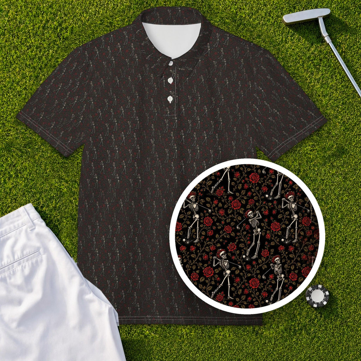 Rose Skeleton Toile Performance Print Polo