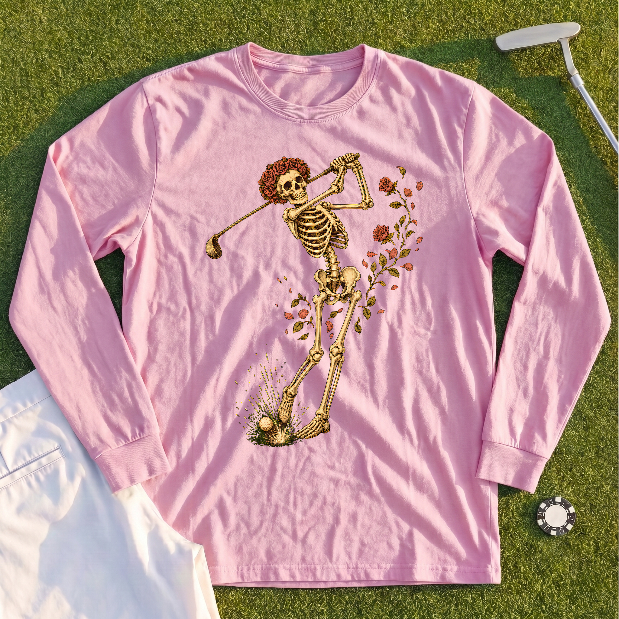 Rose Skeleton Swing Long Sleeve Tee - Pink