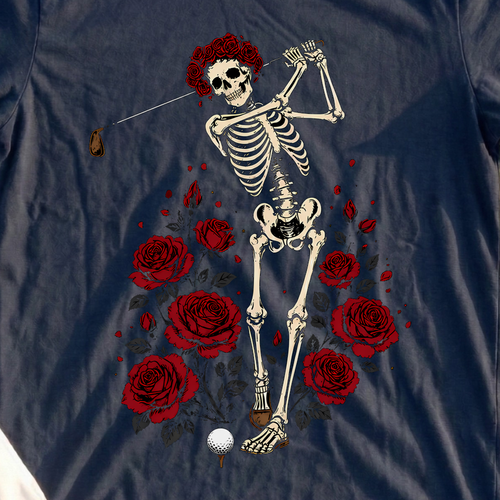 Roses And Bogeys Tee, print close-up on Navy