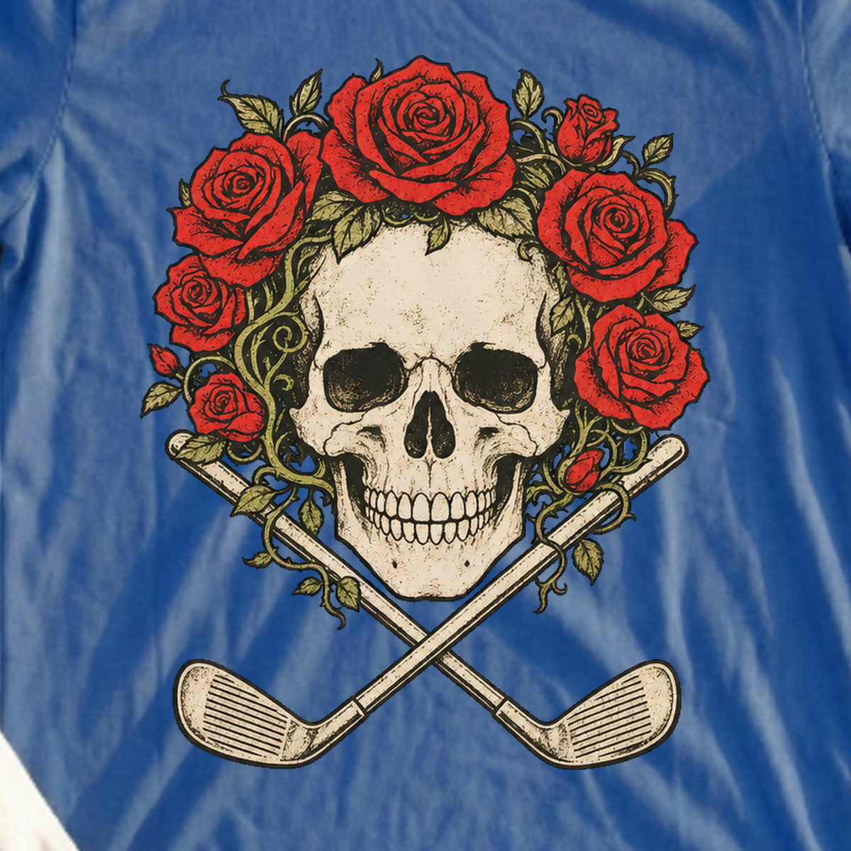 Roses And Irons Tee, print close-up on Royal