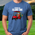 Running On Island Time, Skeleton Cart Tee worn on the golf course, Royal