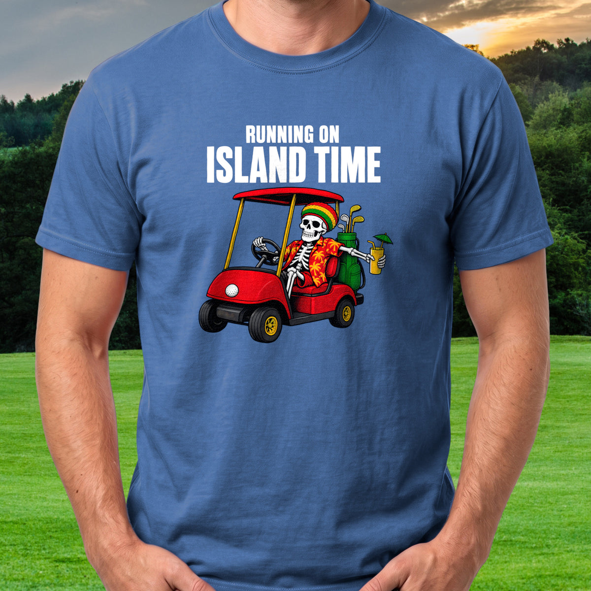 Running On Island Time, Skeleton Cart Tee worn on the golf course, Royal