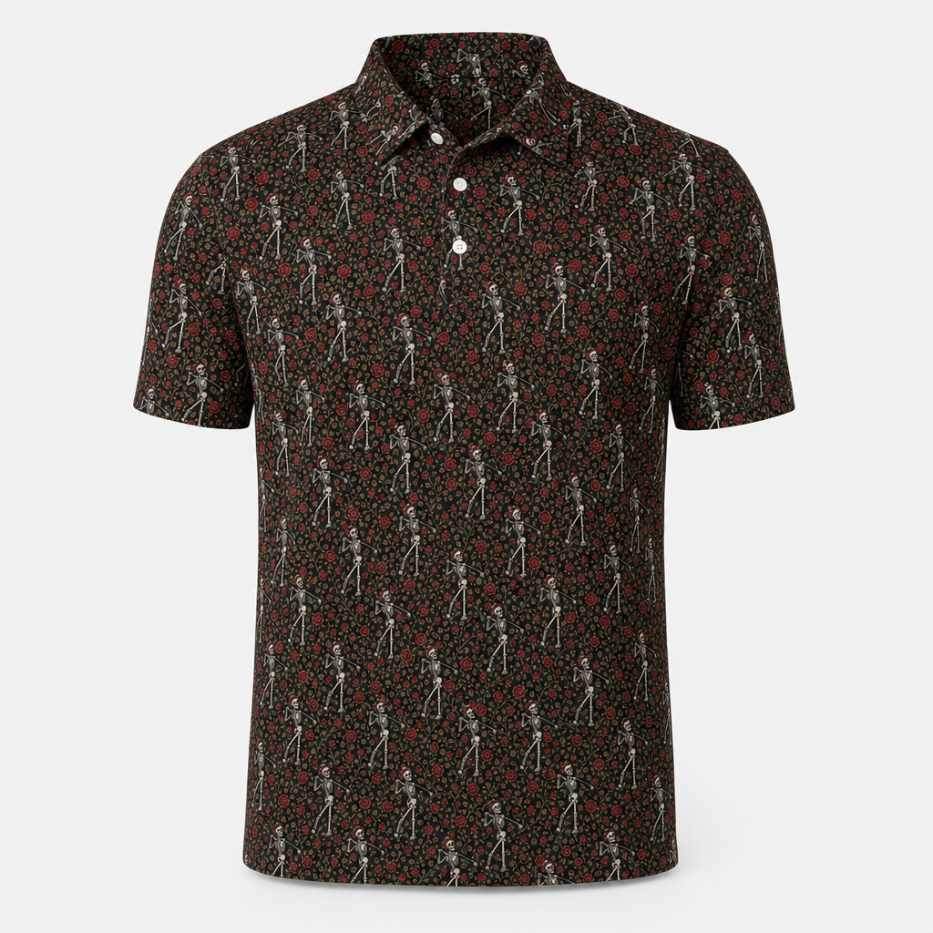 Shanked Right all-over print golf polo, Rose Skeleton Toile