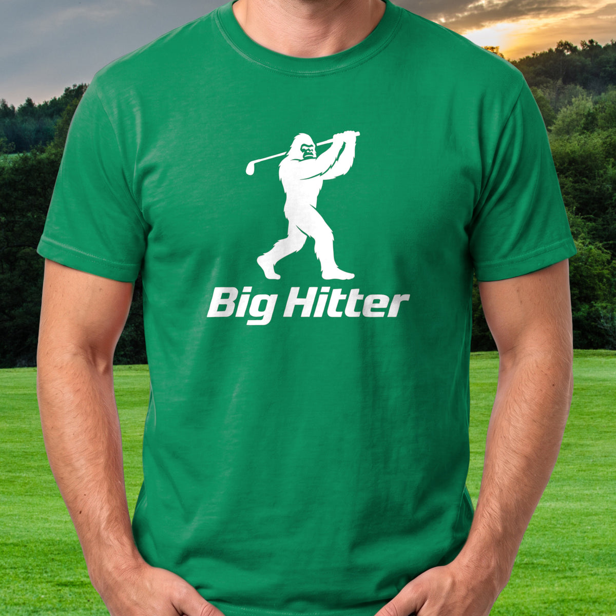 Sasquatch Big Hitter Tee worn on the golf course, Irish Green