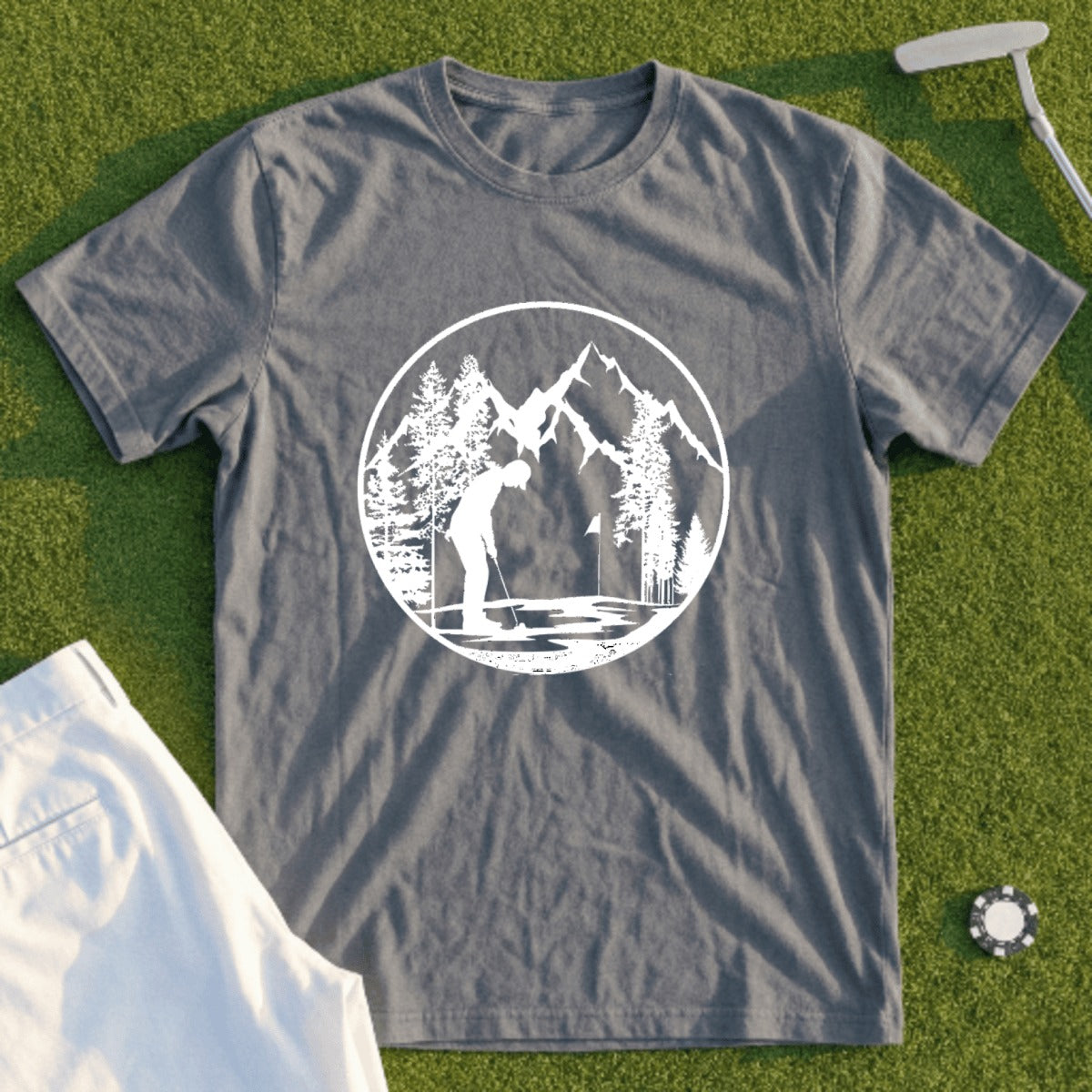 Gray t-shirt with white mountain and golfer graphic.