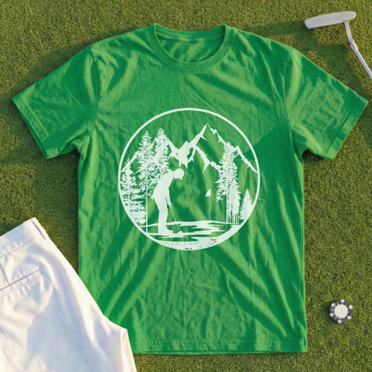 Green t-shirt with a white circular graphic of a golfer on a course.