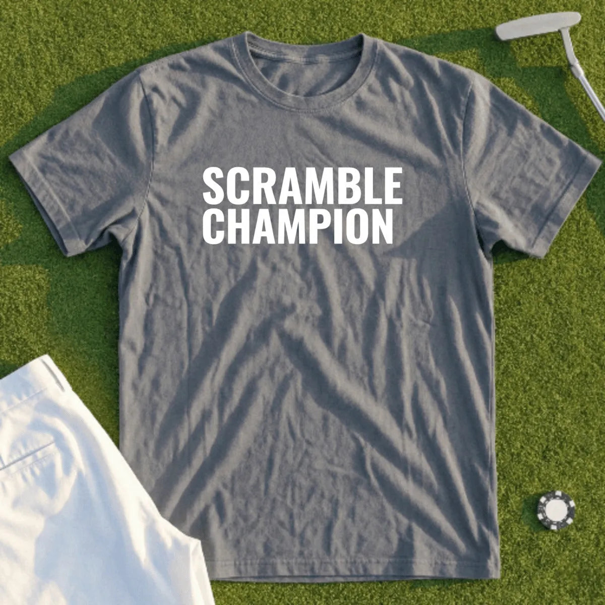 Gray t-shirt with "SCRAMBLE CHAMPION" in white text on a grass background.