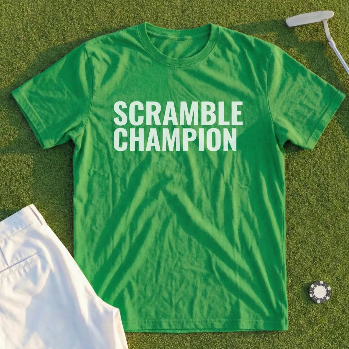 Green t-shirt with "SCRAMBLE CHAMPION" in white text.