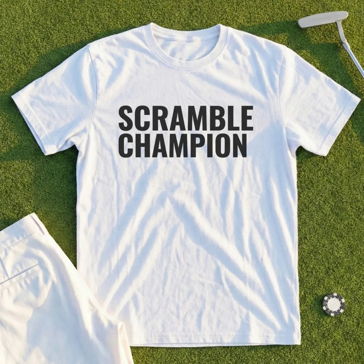 White t-shirt with "SCRAMBLE CHAMPION" in bold black text.