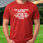 Scratch My Head Tee worn on the golf course, Red