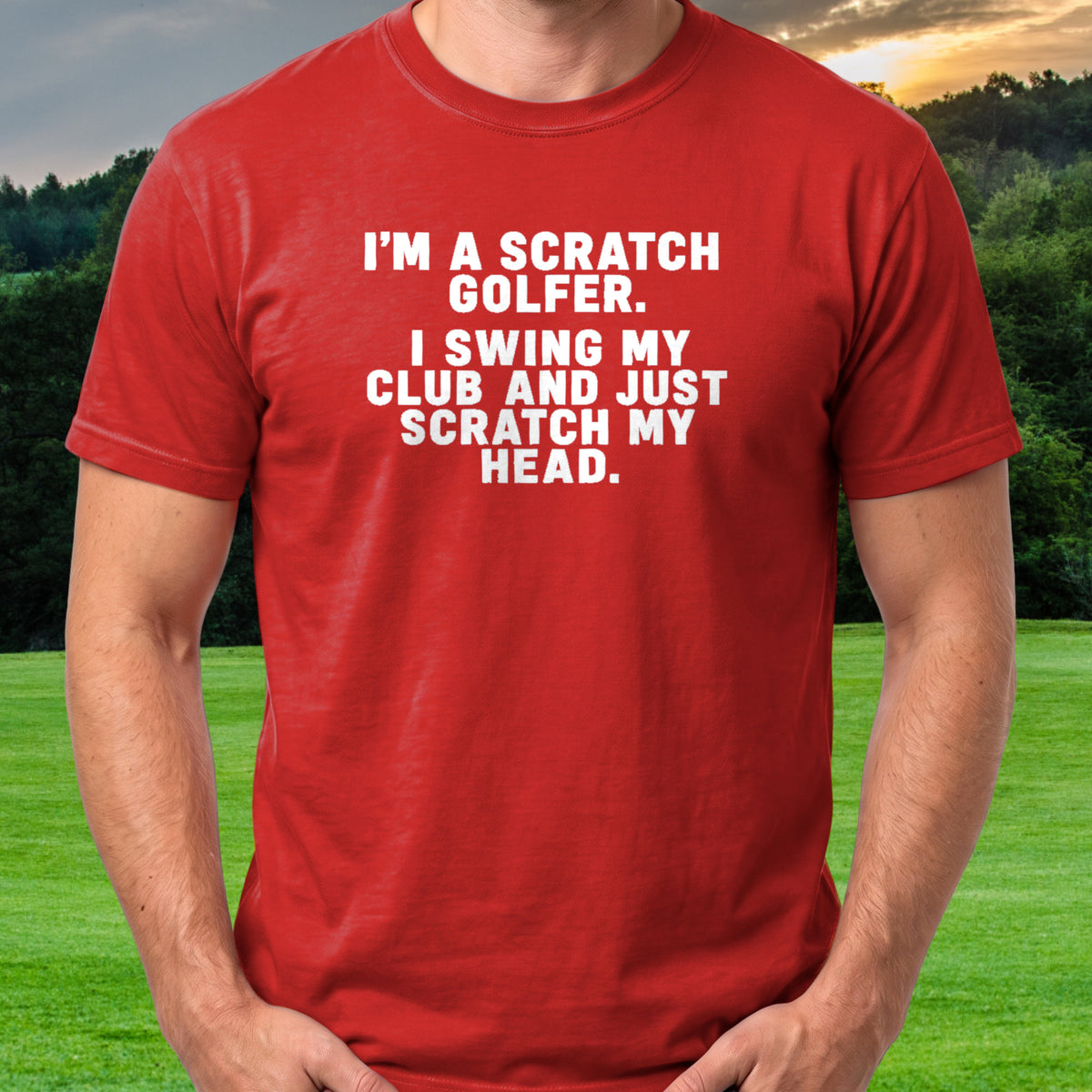 Scratch My Head Tee worn on the golf course, Red
