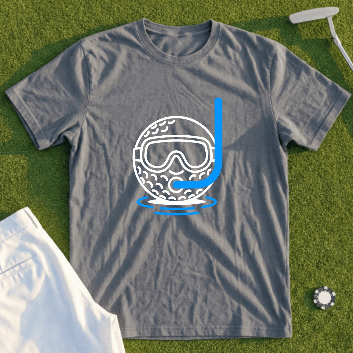 Gray t-shirt with a graphic of a golf ball wearing a snorkel and mask.