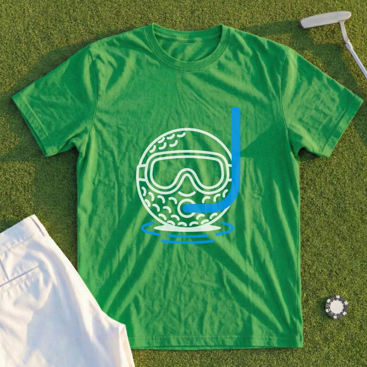 Green t-shirt with white snorkel mask and blue snorkel graphic.
