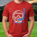 Scuba Ball Tee worn on the golf course, Red