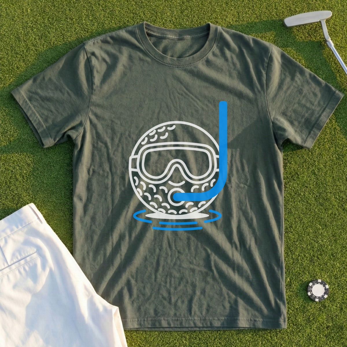 Green t-shirt with snorkel mask and golf ball graphic.