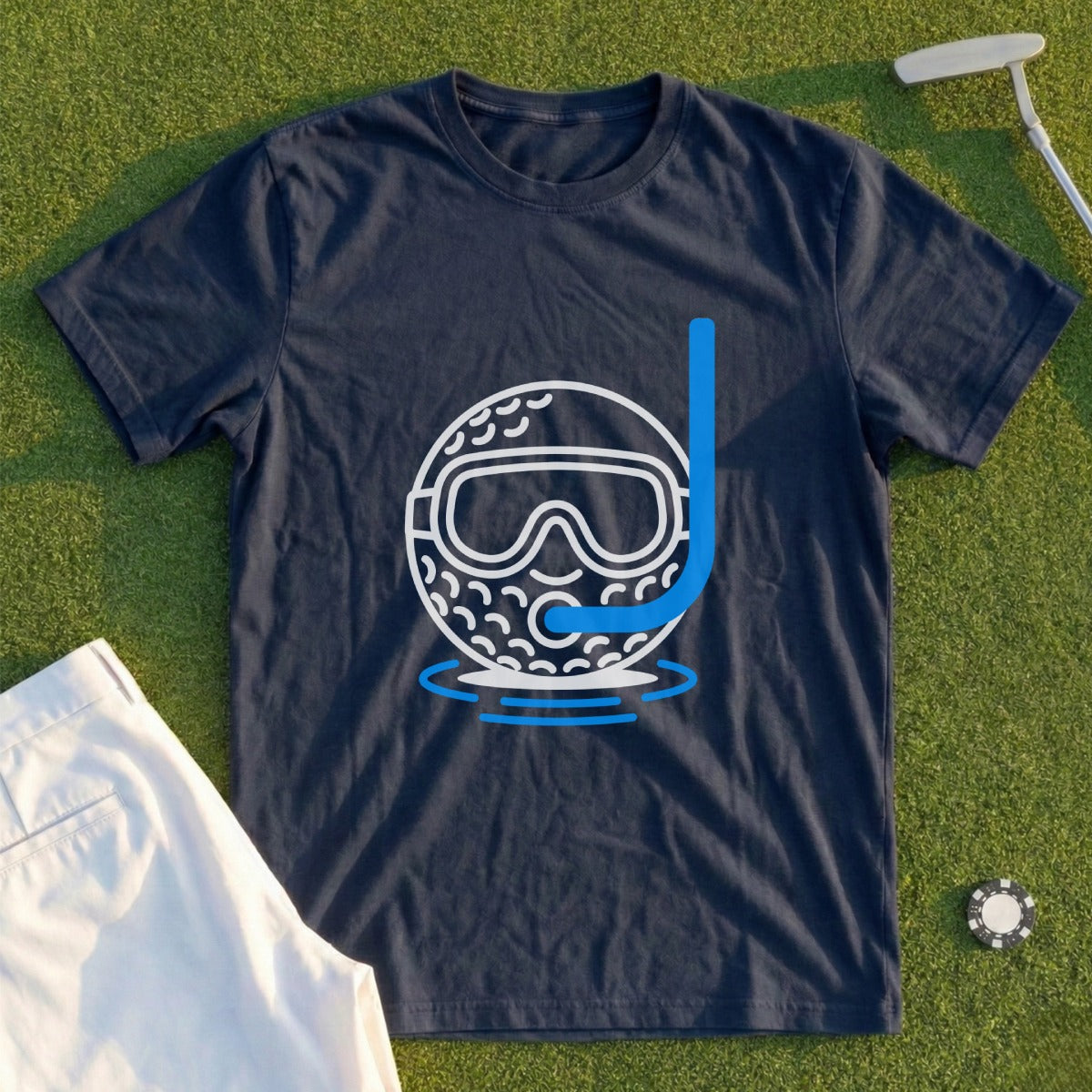 Navy t-shirt with a graphic of a golf ball wearing a snorkel and goggles.
