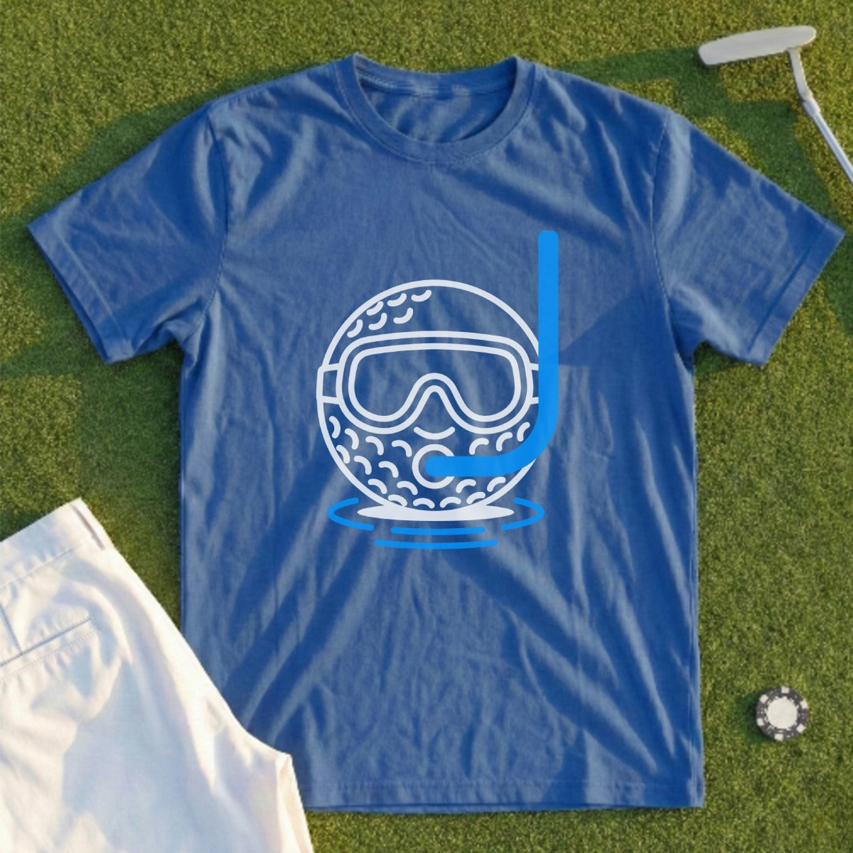 Blue t-shirt with a white golf ball wearing a snorkel mask.