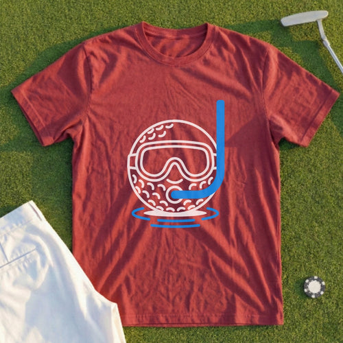 Red t-shirt with a graphic of a golf ball wearing a snorkel mask floating in water.