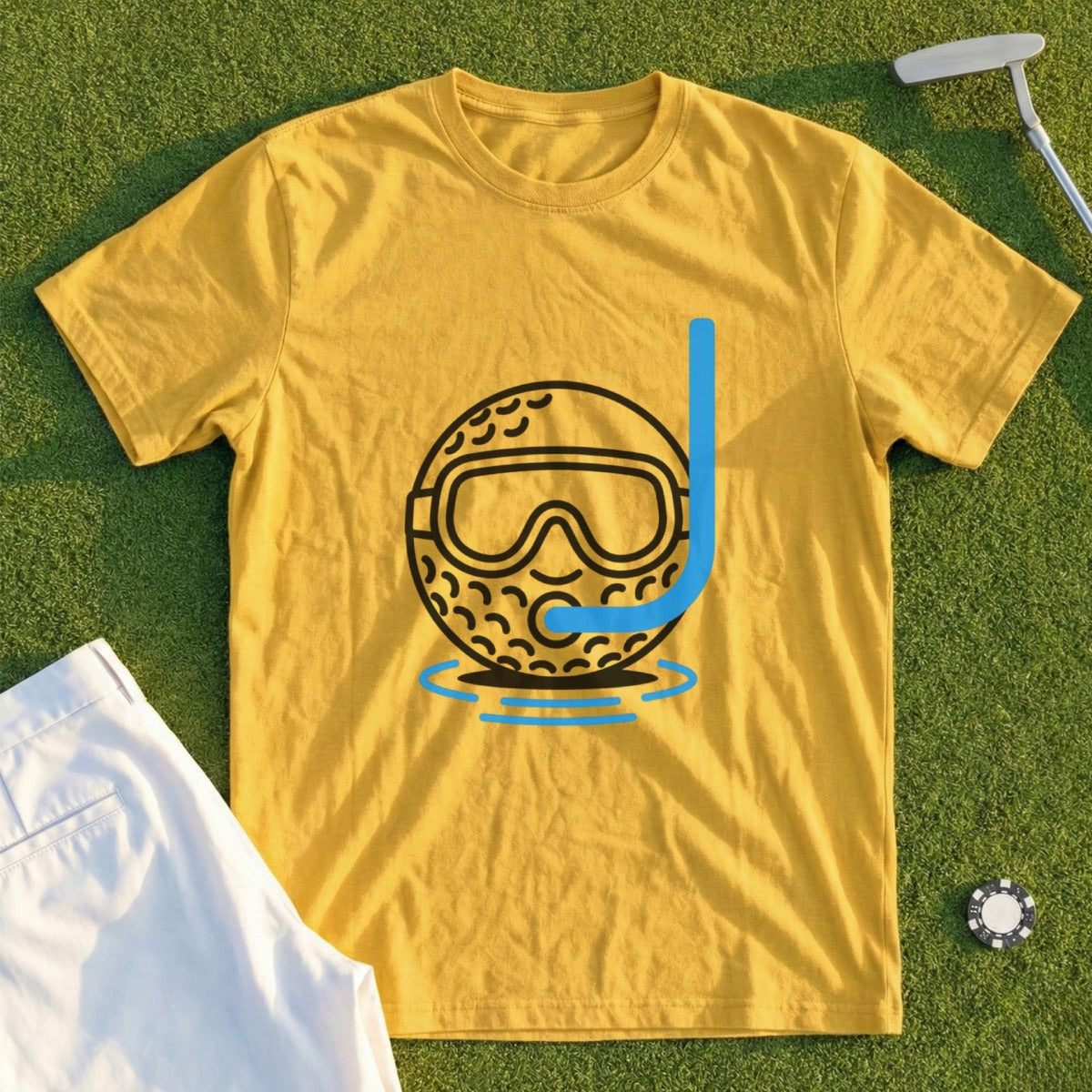 Yellow t-shirt with a golf ball wearing a snorkel and goggles.