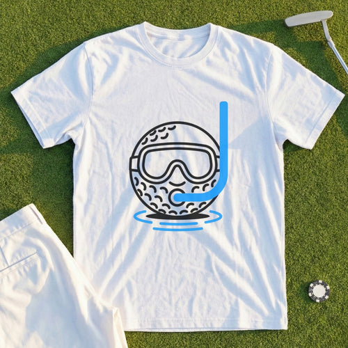 White t-shirt with a golf ball wearing a snorkel and goggles graphic.