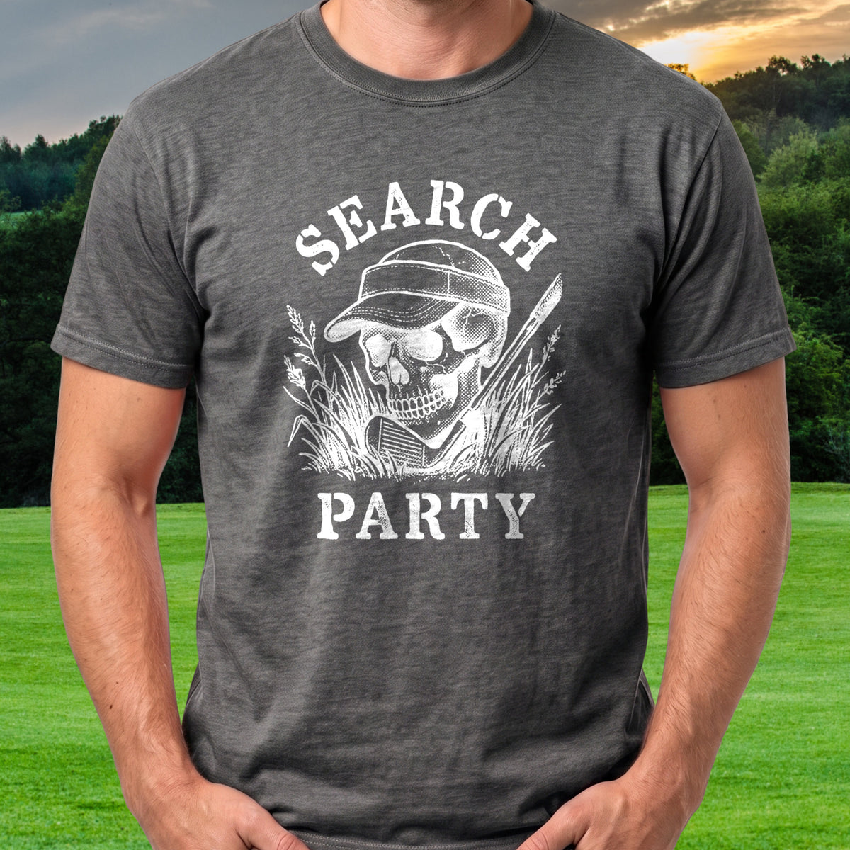 Search Party Tee worn on the golf course, Dark Heather