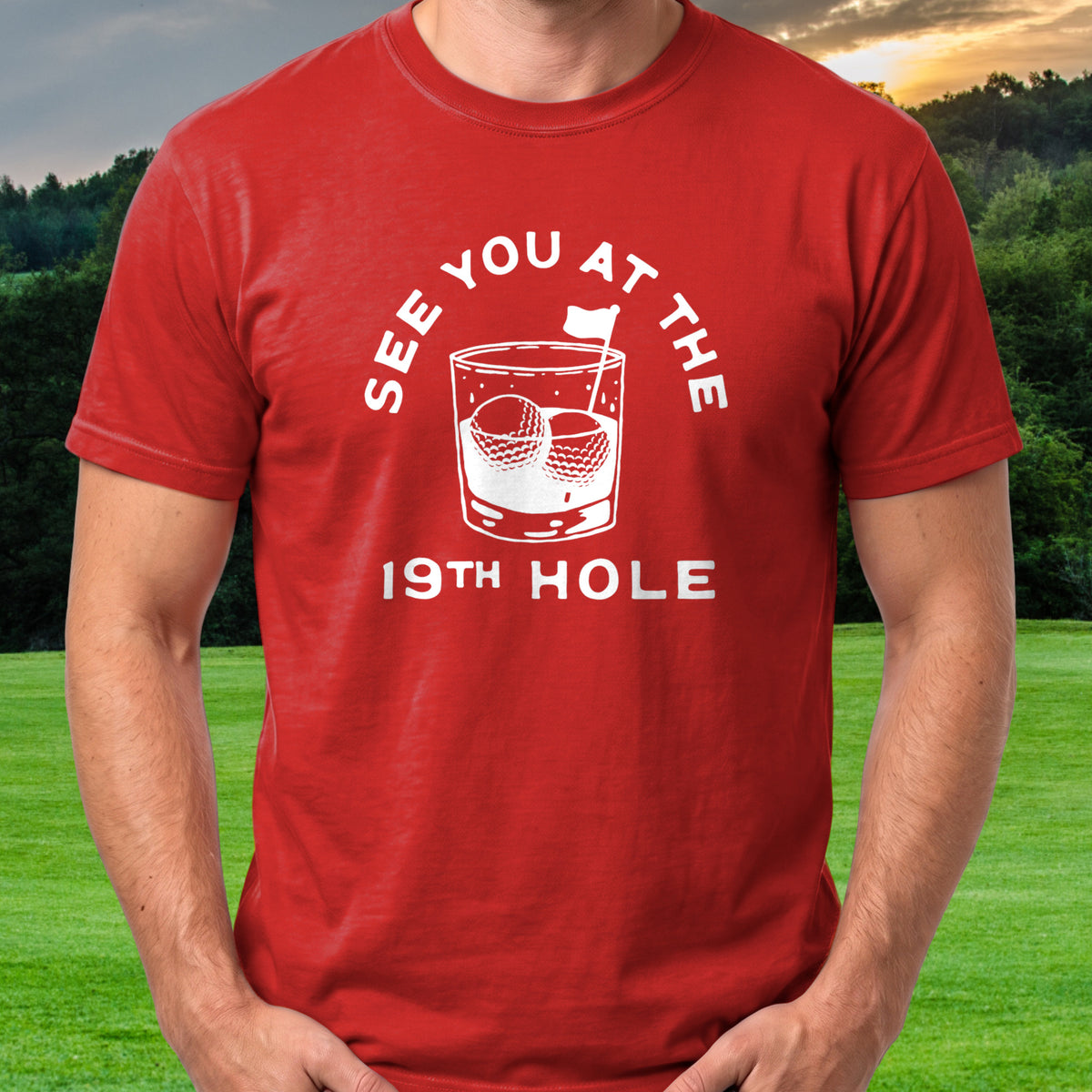 See You At The 19th Hole Tee worn on the golf course, Red