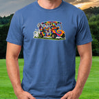 Sending The Cart Tee worn on the golf course, Royal