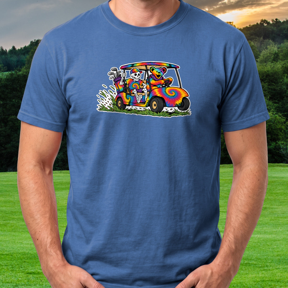 Sending The Cart Tee worn on the golf course, Royal
