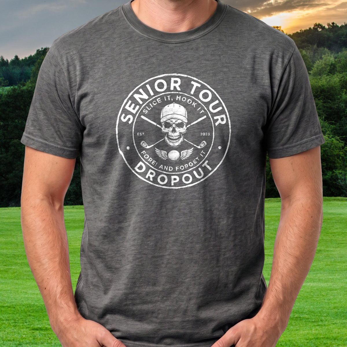 Senior Tour Dropout Tee worn on the golf course, Dark Heather