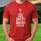Shitty Golfer Tee worn on the golf course, Red