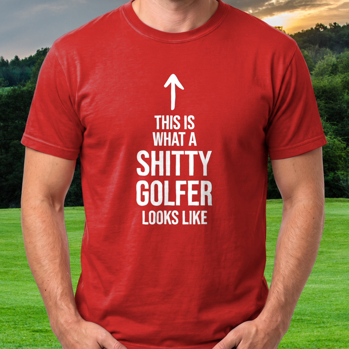 Shitty Golfer Tee worn on the golf course, Red