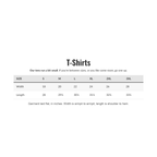 Shanked Right t-shirt size chart, garment laid flat in inches