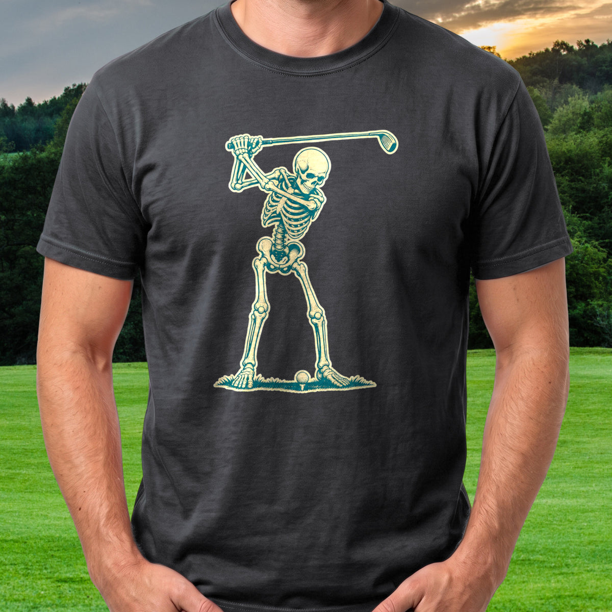 Skeleton Backswing, Two-Tone Vintage Tee worn on the golf course, Black