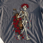 Skeleton Caddie Tee, print close-up on Dark Heather
